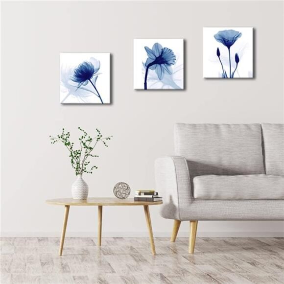 Art Blue Abstract Flowers 3 Panels Giclee Canvas Prints Wall Art Modern - Picture 5 of 14